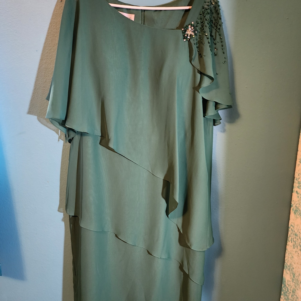 Elegant Sage Layered Evening Dress with Beaded Accent